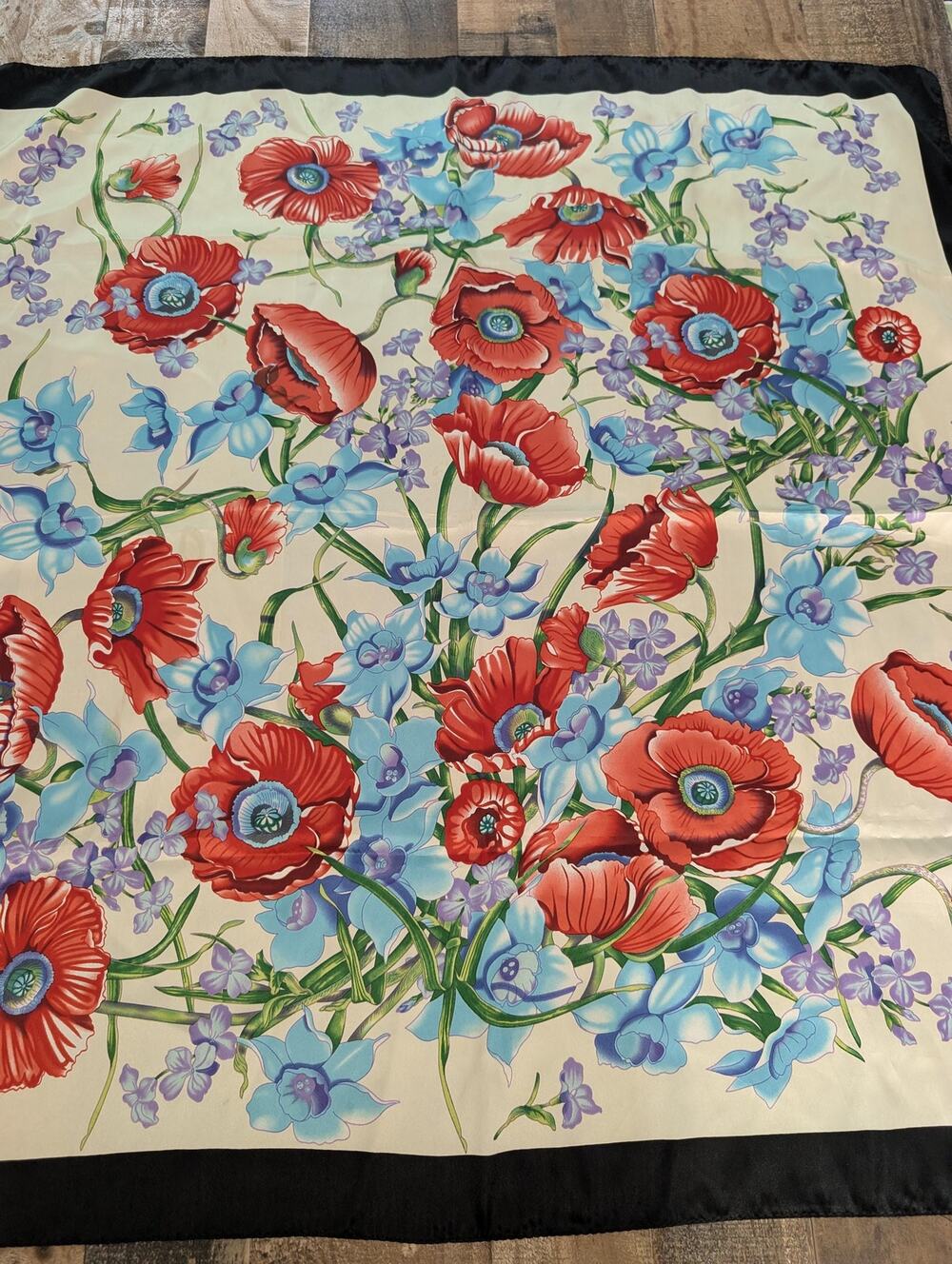 Vintage Floral Satin Scarf Red Poppy Blue Blossom Black Border Square Wrap